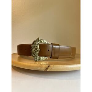 Vintage Liz Claiborne Tan Full Grain Semi Aniline Leather Gold Belt Size Large